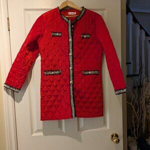 Red Quilted Jacket with Tweed accents and pearl buttons